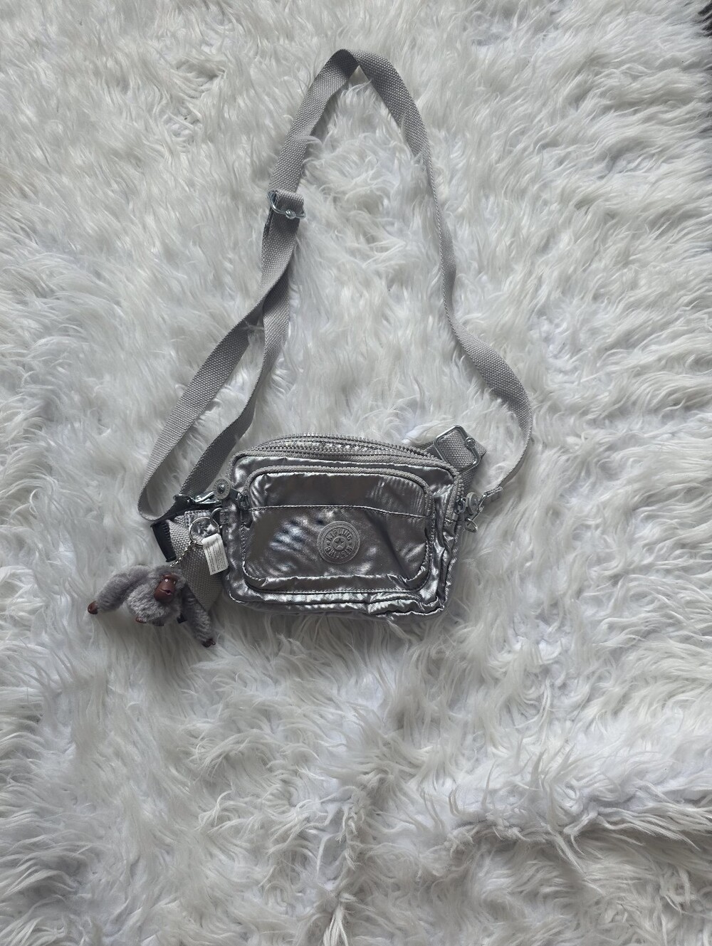Kipling Metallic Silver Crossbody Bag with Monkey Charm